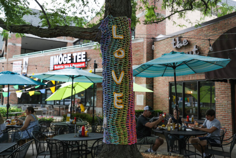 Yarn Bomb Near Peanut Barrel Honors Pride Month